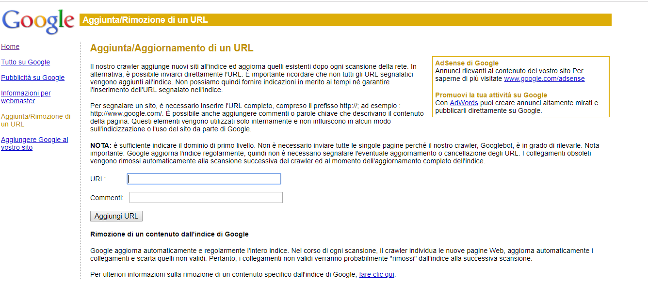 screenshot della pagina aggiunta o rimozione url